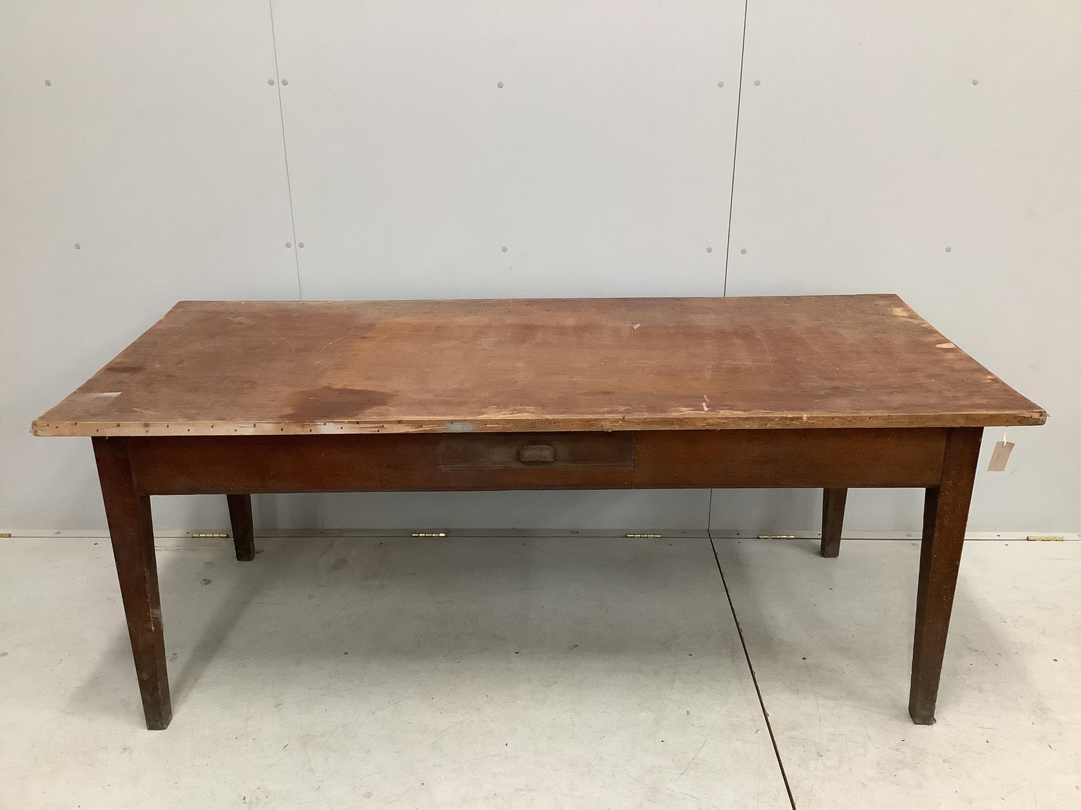 A French farmhouse kitchen table with two drawers, width 197cm, depth 85cm, height 78cm. Condition - poor